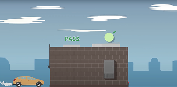 Save up to $900 on emissions repairs! with a text overlay that reads PASS Also has play button to watch/listen to a video. 